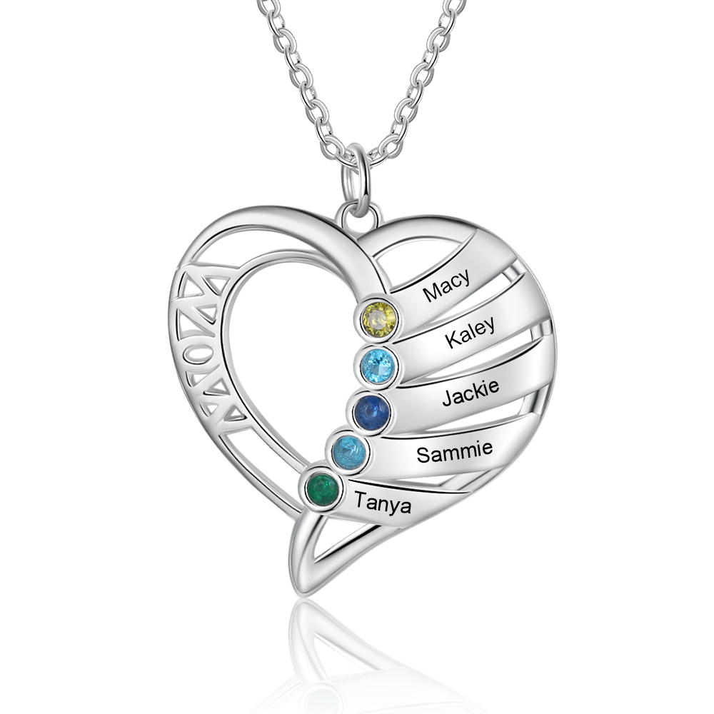 Personalised Heart Necklace With 5 Birthstones Engraved Names Gift For Mother-Jessemade AU