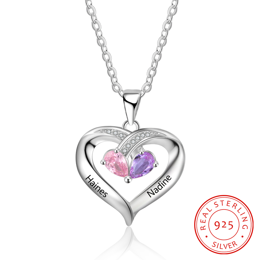 Personalised Heart Mother Necklace With 2 Birthstones Engraved Names Gifts For Her-Jessemade AU
