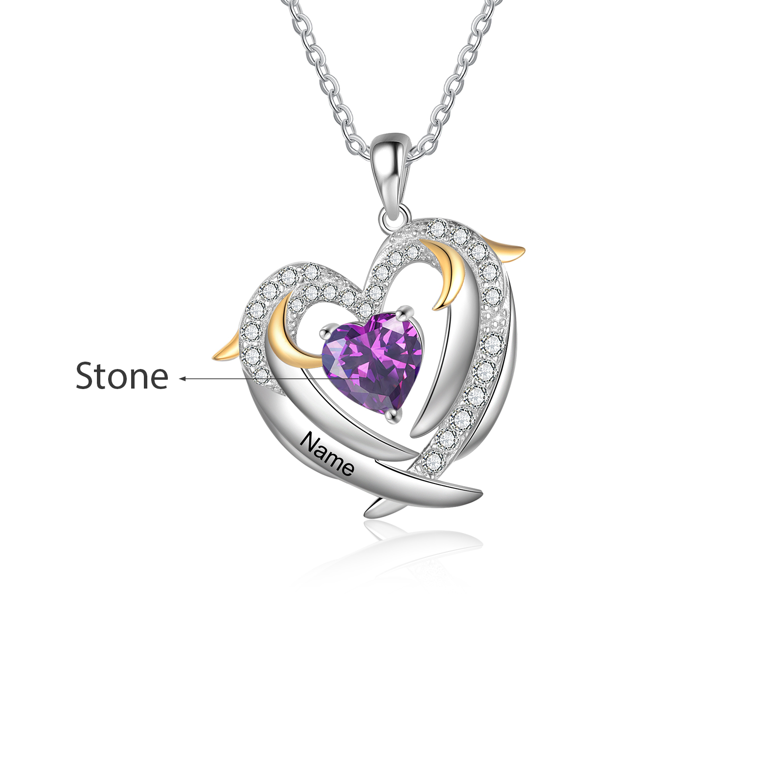 Personalised Heart Wings Necklace With 1 Birthstone Custom Names Necklace Gift For Her-Jessemade AU