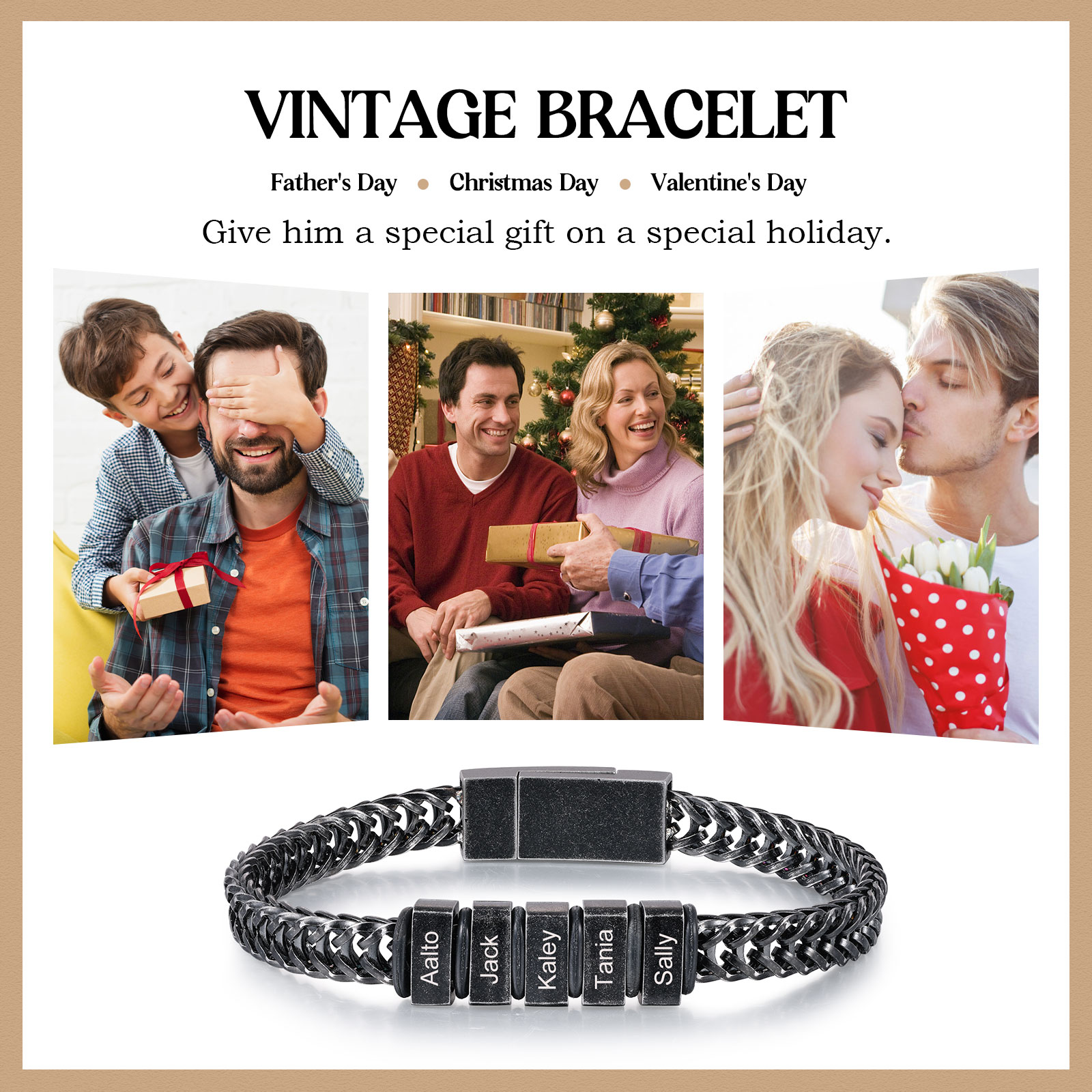 5 Names - Men's Vintage Bracelet Customised Name Stainless Steel Bracelet Personalised Gift for Him-Jessemade AU