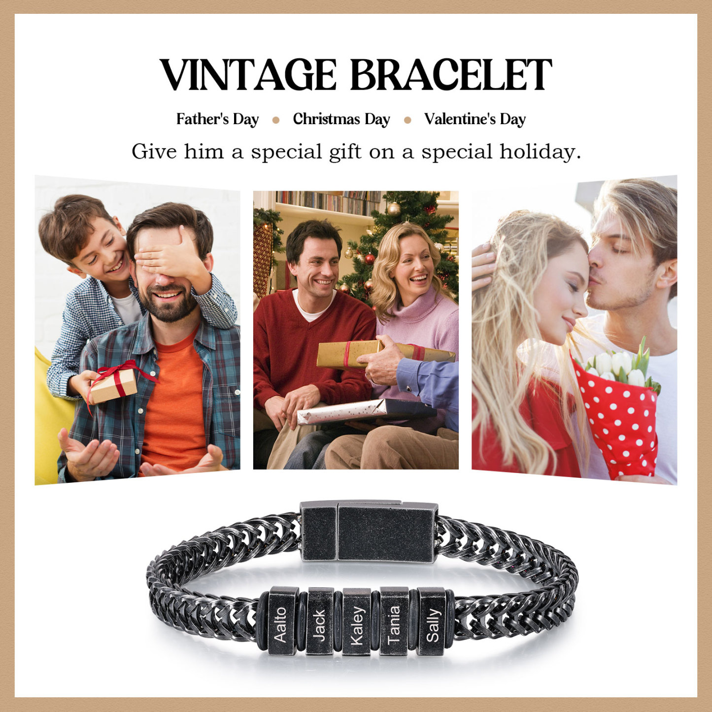 5 Names - Men's Vintage Bracelet Customised Name Stainless Steel Bracelet Personalised Gift for Him-Jessemade AU