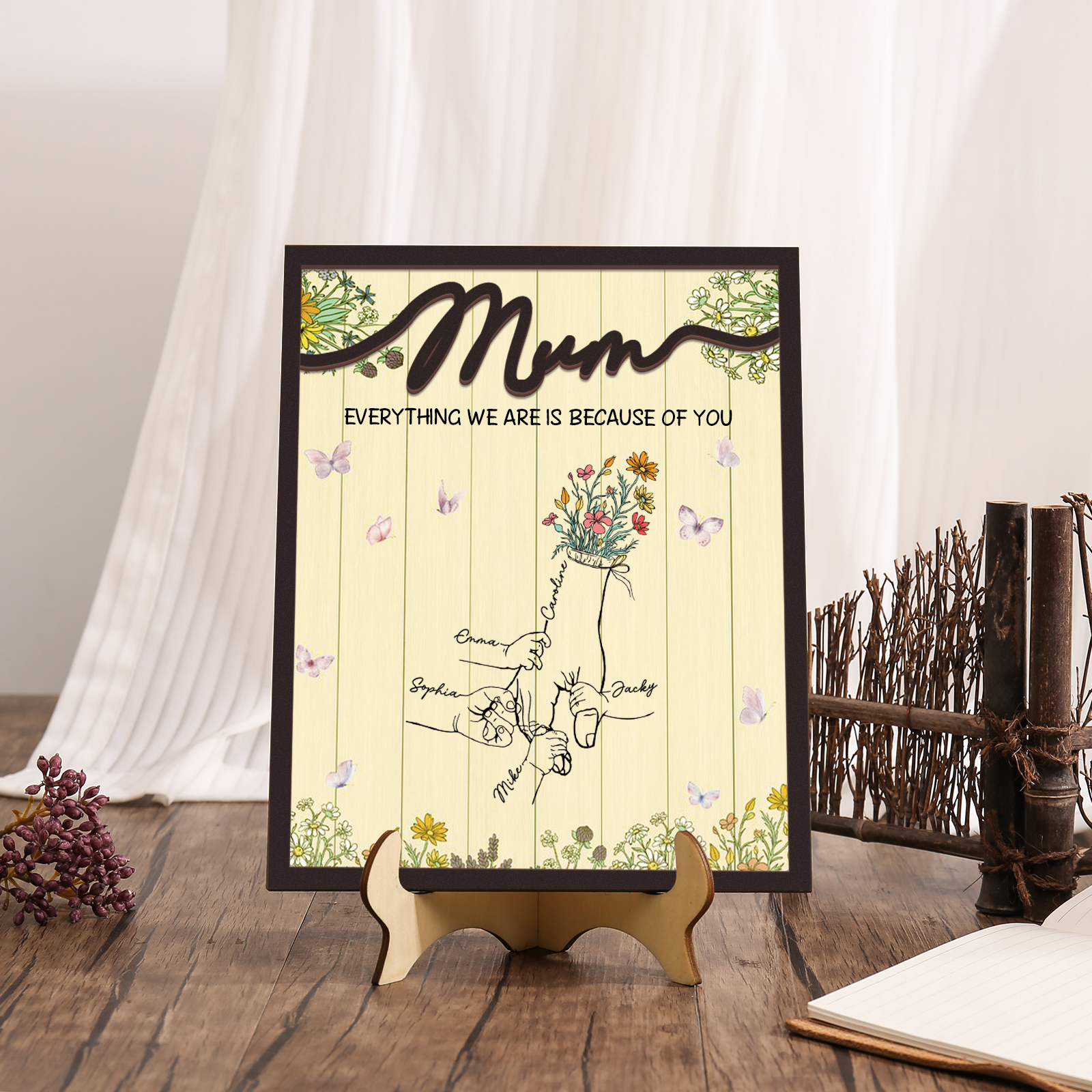 Personalised 5 Names Wooden Plaque Holding Mum's Hand Desktop Decoration With Stand - EVERYTHING WE ARE IS BECAUSE OF YOU-Jessemade AU