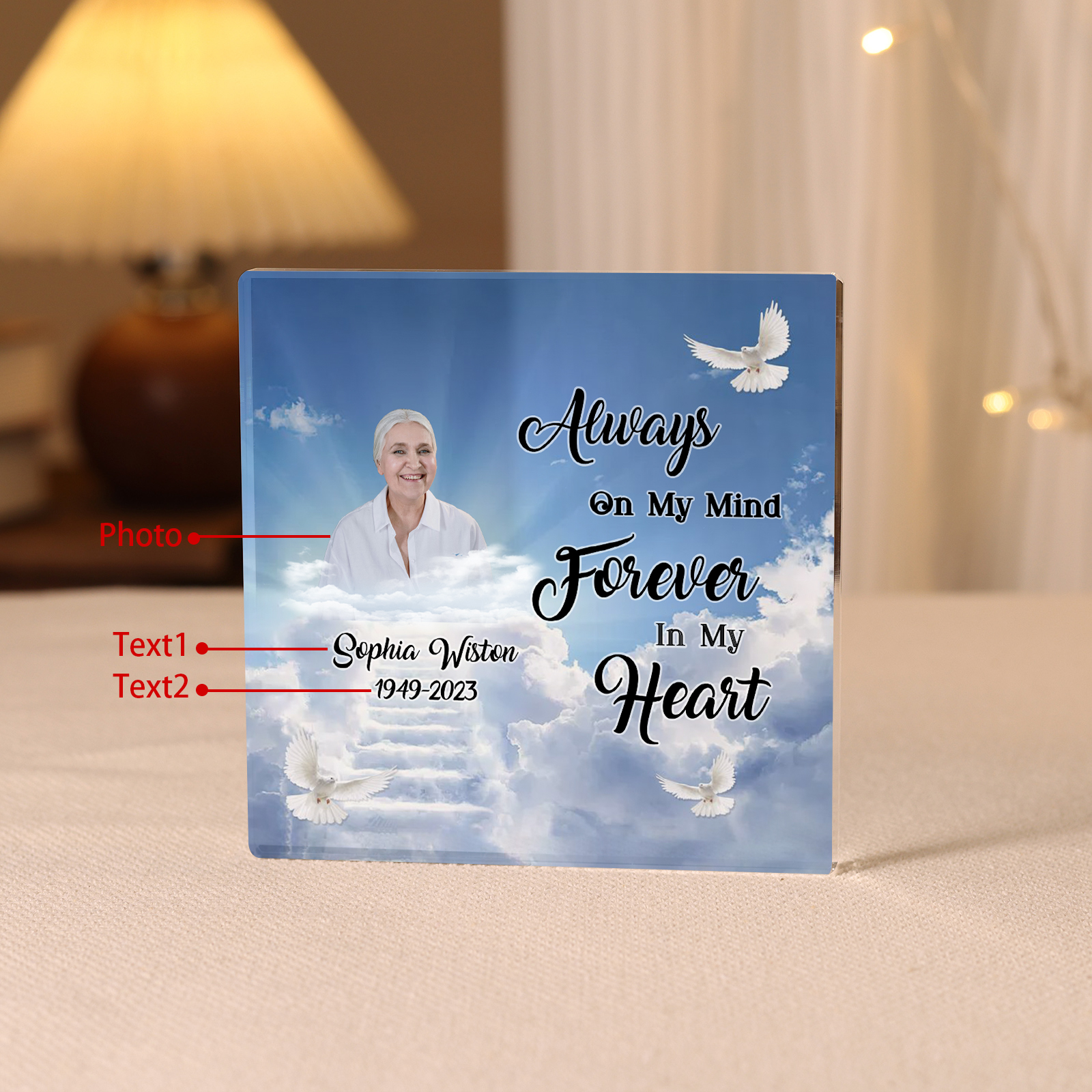 Personalised Memorial Plaque Custom 1 Photo & 2 Texts Acrylic Square Keepsake - Always On My Mind Forever In My Heart-Jessemade AU