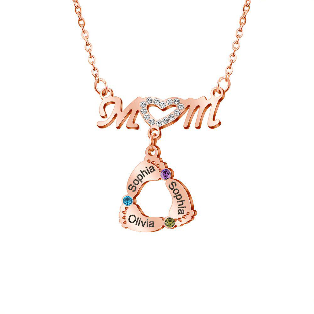 Mom Necklace Customised Baby Feet Necklace with Birthstones Engraving 3 Names Gifts for Her-Jessemade AU