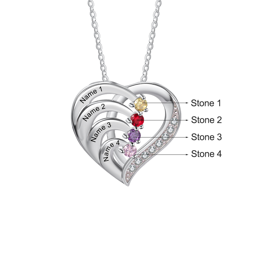 Personalised Mother Necklace 4 Stones Engraved 4 Names Birthstone Family Heart Pendant Gifts for Her-Jessemade AU