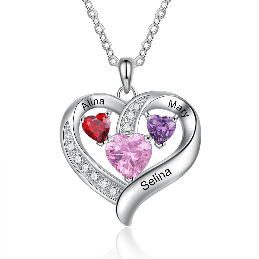 Personalised Heart Necklace With 3 Birthstones Engraved Names Gift For Her-Jessemade AU