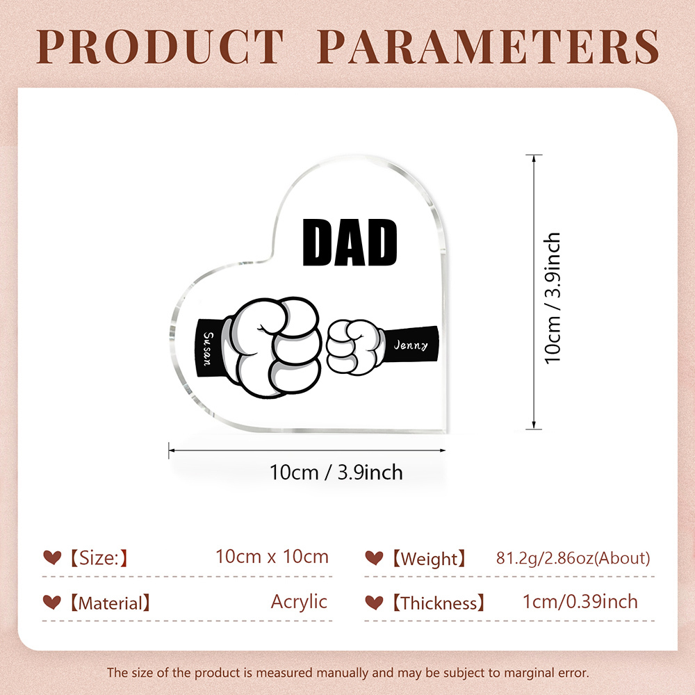 Personalised Acrylic Heart Keepsake Custom 2 Names & 1 Text Fist Bump Ornaments Gifts for Dad/Grandpa-Jessemade AU