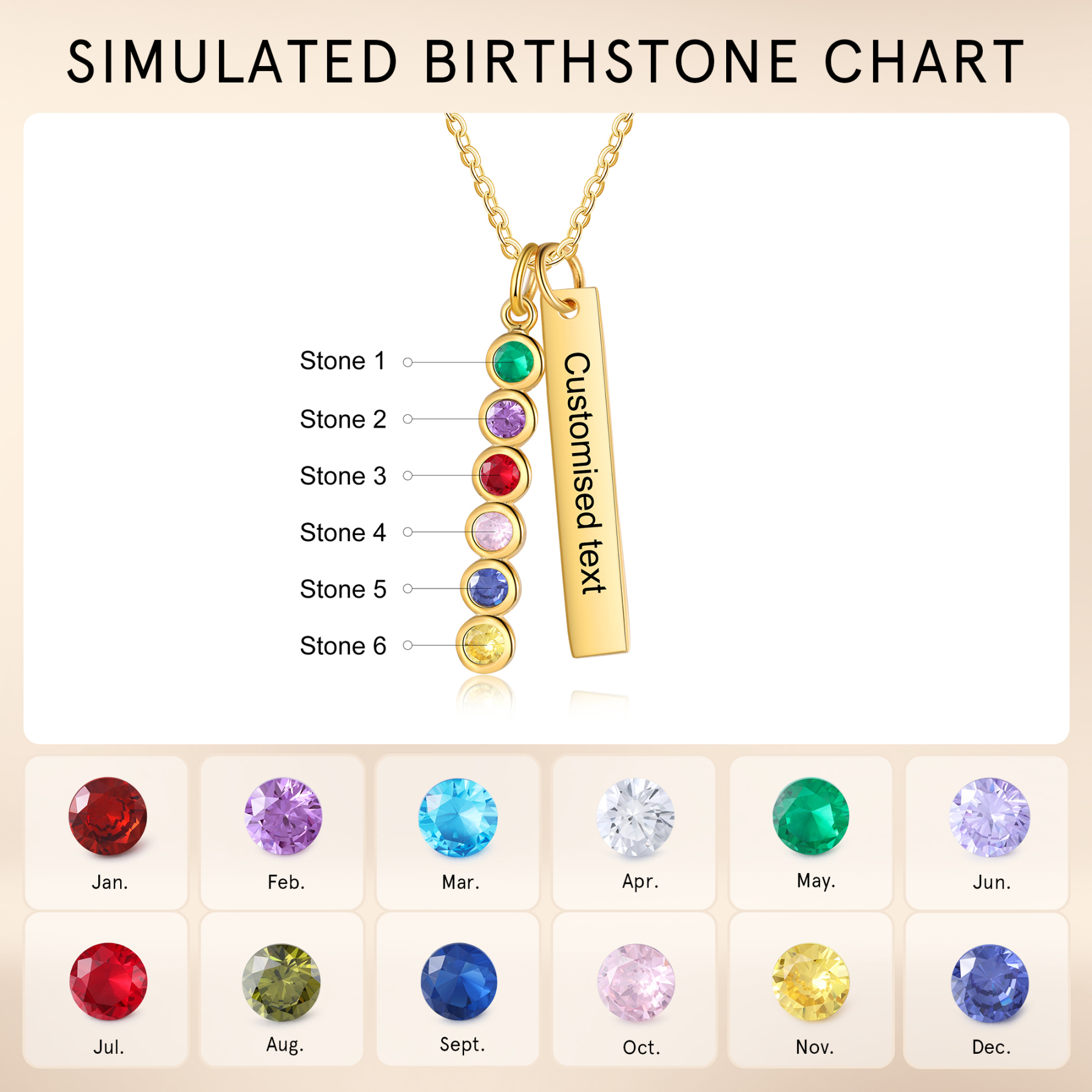 Personalised Bar Pendant Necklace Custom 6 Birthstones & 1 Text Necklace Birthday Gift for Her-Jessemade AU