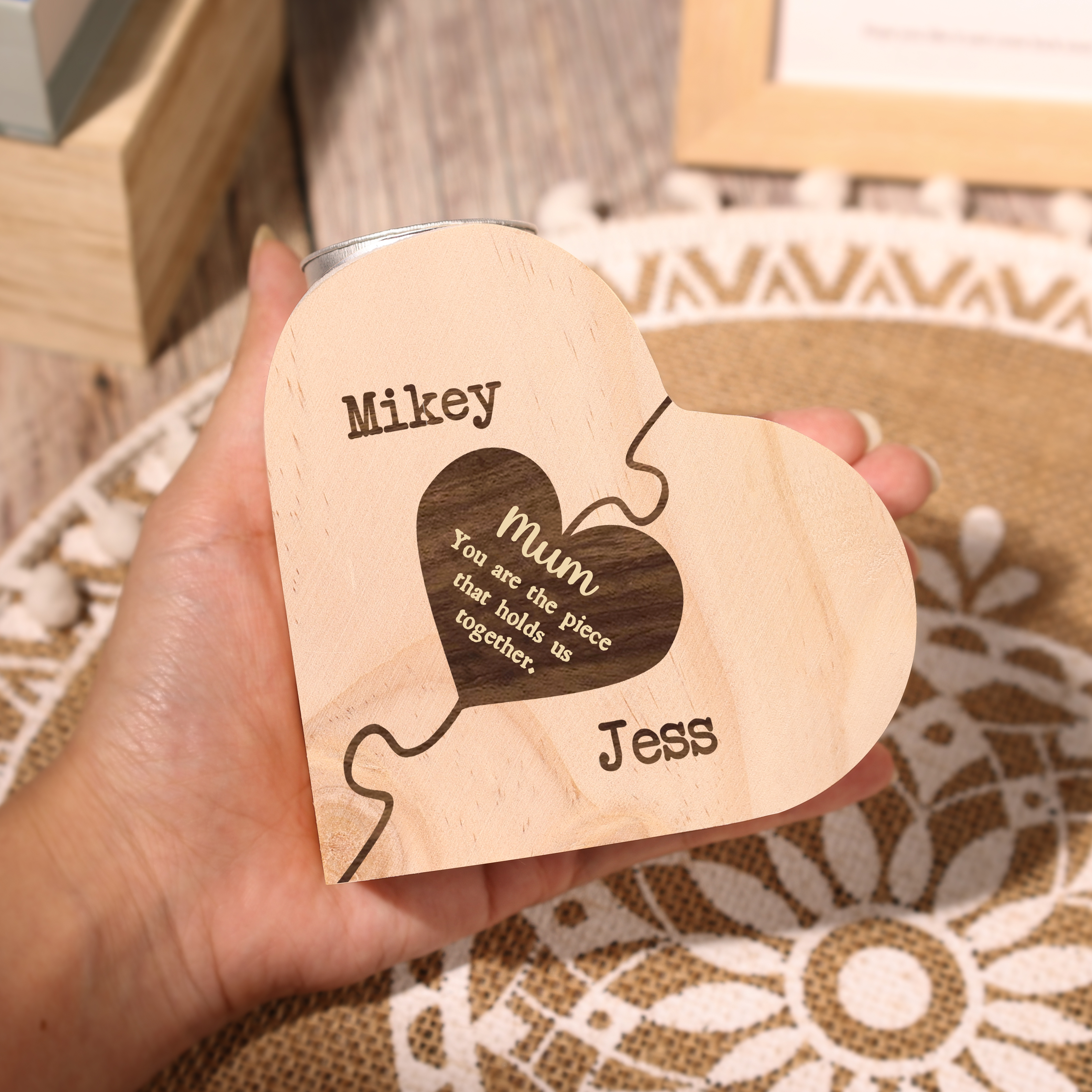 To My Mum Personalised 2 Names Puzzle Candle Holder Wooden Candlestick "You Are The Piece That Holds Us Together"-Jessemade AU