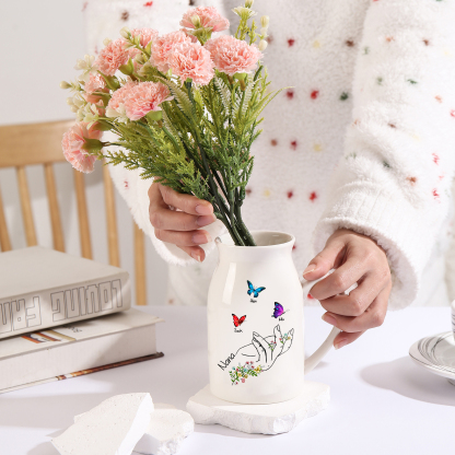 Personalised Ceramic Flower Vase Custom 2–8 Names & 1 Text Butterfly In Hand Vase Gift for Mother/Grandma-Jessemade AU