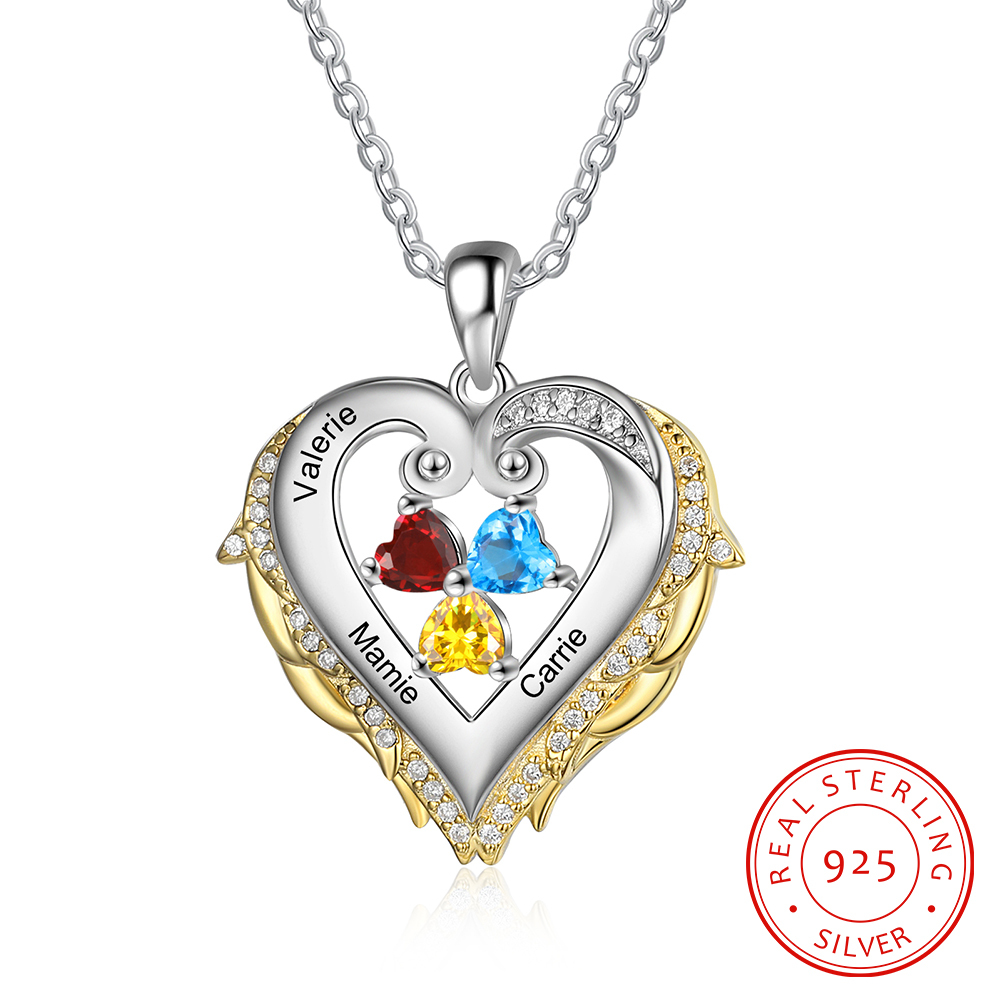 Personalised Heart Wings Necklace With 3 Birthstones Custom Names Gift For Her-Jessemade AU