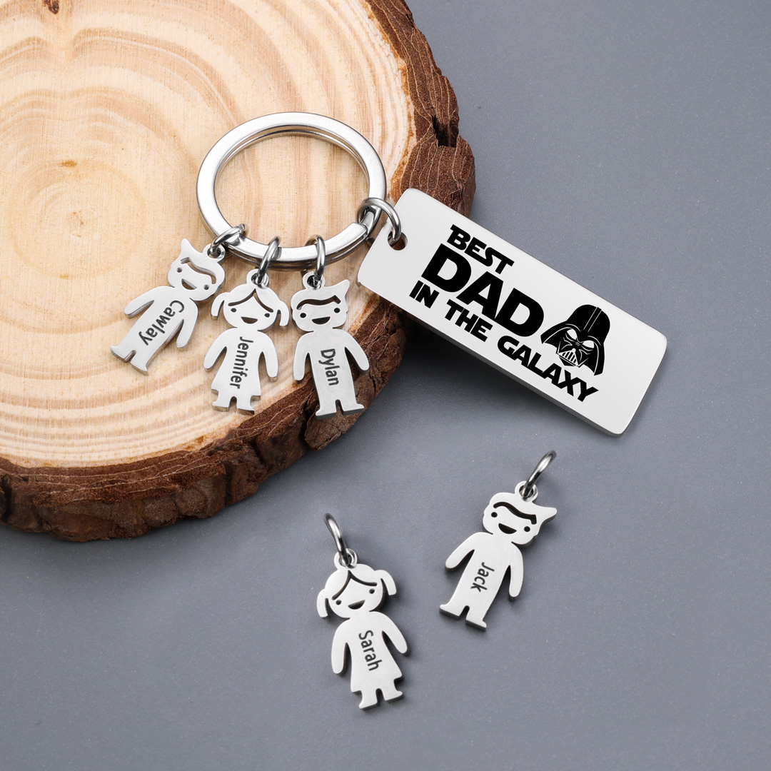 Personalised Best Dad in The Galaxy Keychain with 5 Kid Charms Father's Day Gift-Jessemade AU