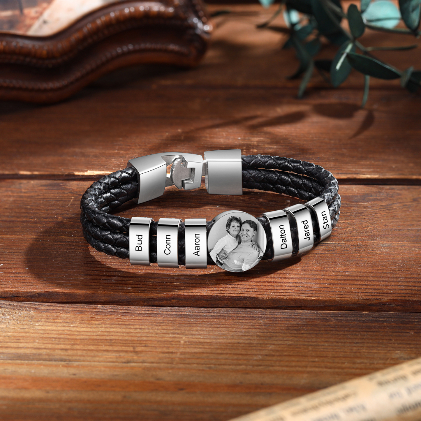 Personalised Men's Leather Bracelet Custom 6 Names & 1 Photo Braided Bracelet Father's Day Gifts for Him-Jessemade AU