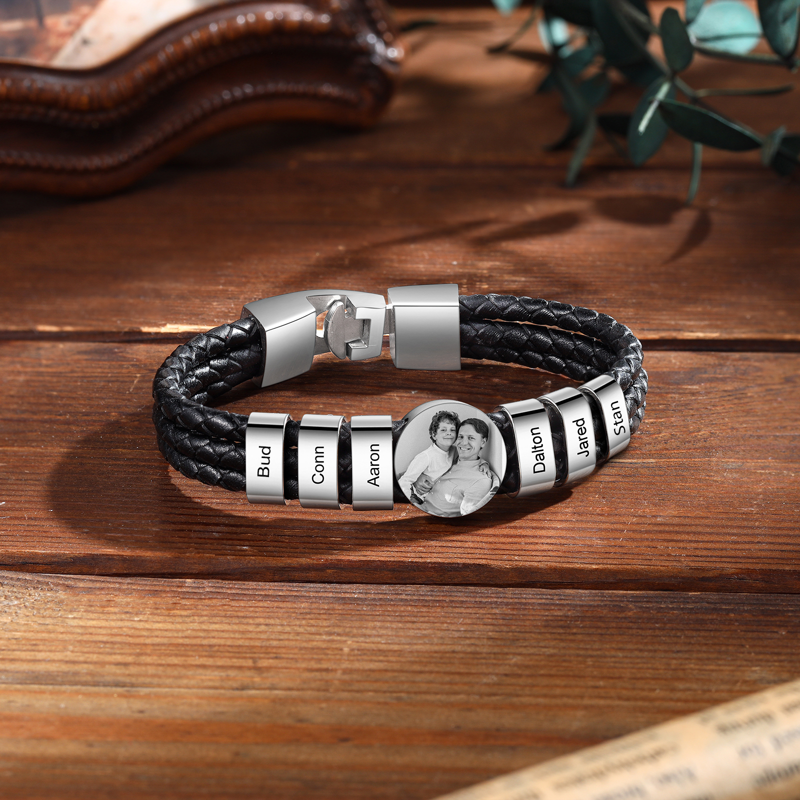 Personalised Men's Leather Bracelet Custom 6 Names & 1 Photo Braided Bracelet Father's Day Gifts for Him-Jessemade AU
