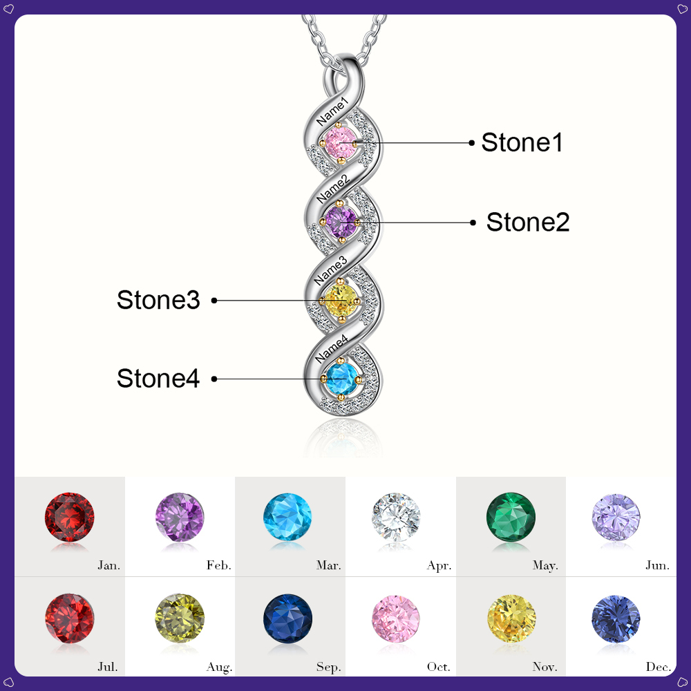 Personalised DNA Necklace With 4 Birthstones Engraved Names Gift For Women-Jessemade AU