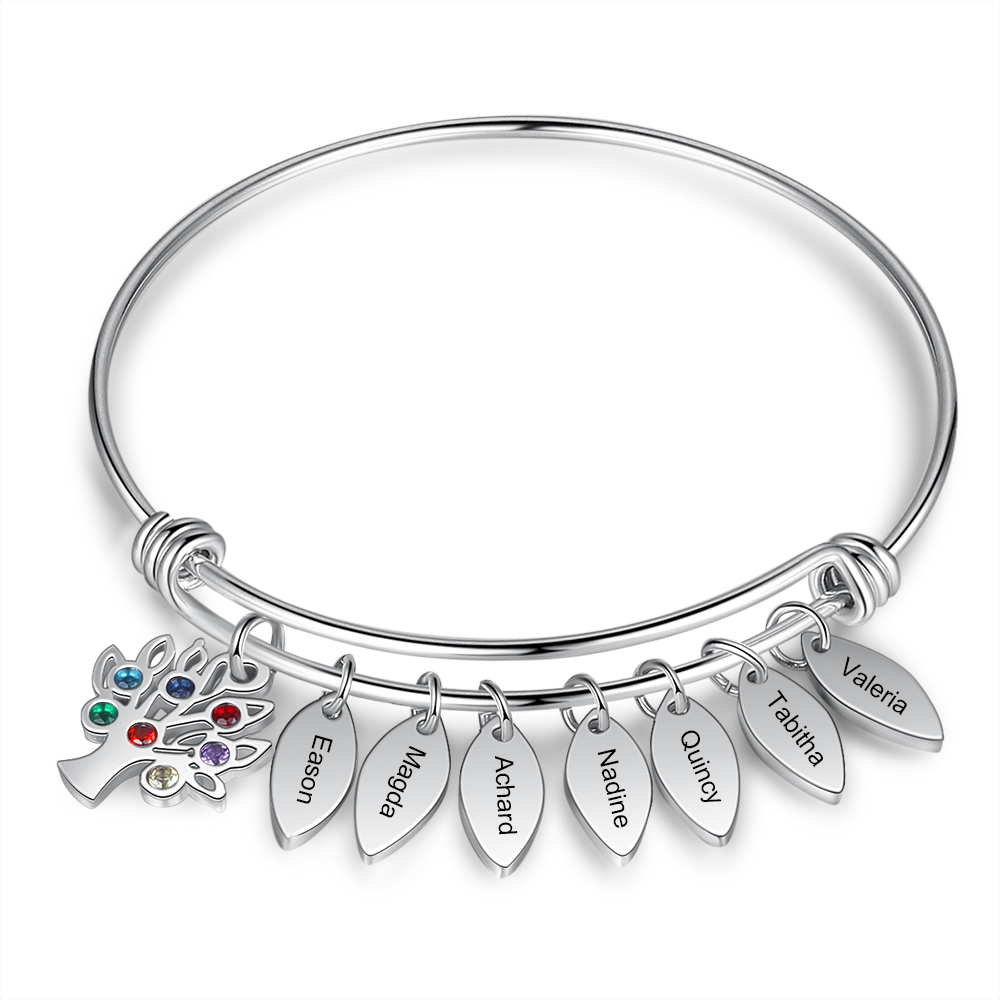 Personalised Family Tree Bracelet with 7 Birthstones Leaf Charms Bangle for Her-Jessemade AU