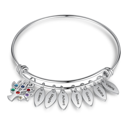 Personalised Family Tree Bracelet with 7 Birthstones Leaf Charms Bangle for Her-Jessemade AU