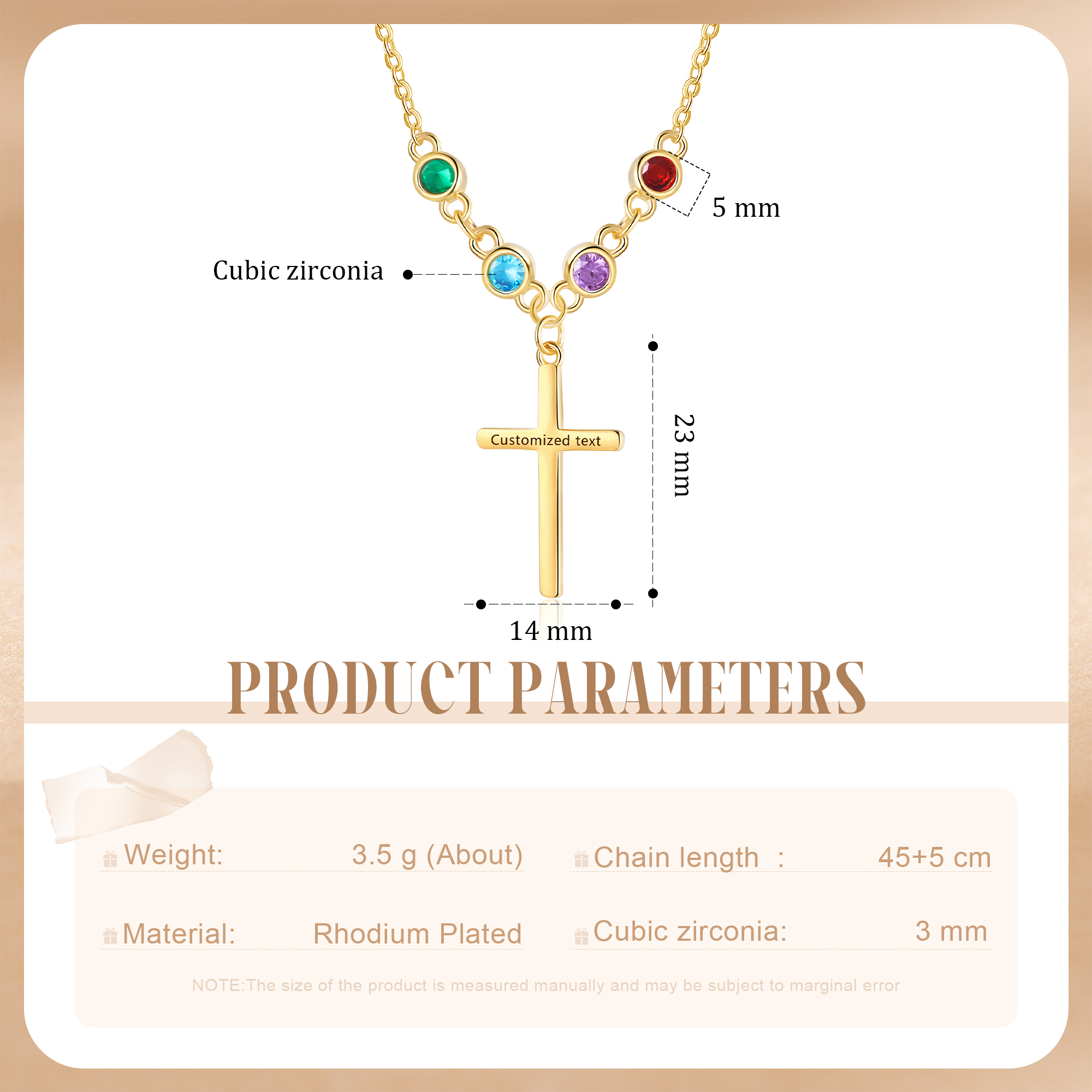 Personalised Cross Pendant Necklace Custom 4 Birthstones & 1 Text Necklace Birthday Gift for Her-Jessemade AU