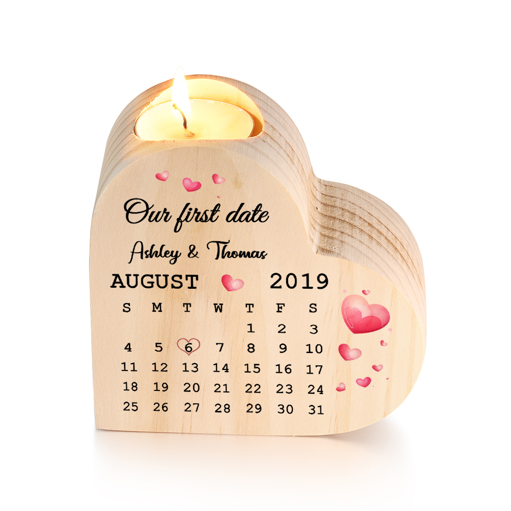 Wooden Couple Candle Holder Custom 2 Names & Date & Text Candlesticks Calendar Valentine's Day Gifts for Wife/Girlfriend-Jessemade AU