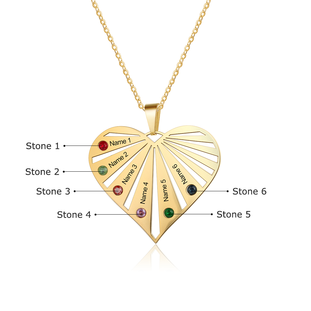 Personalised Heart Necklace With 6 Birthstones Engraved Names Gift For Her-Jessemade AU