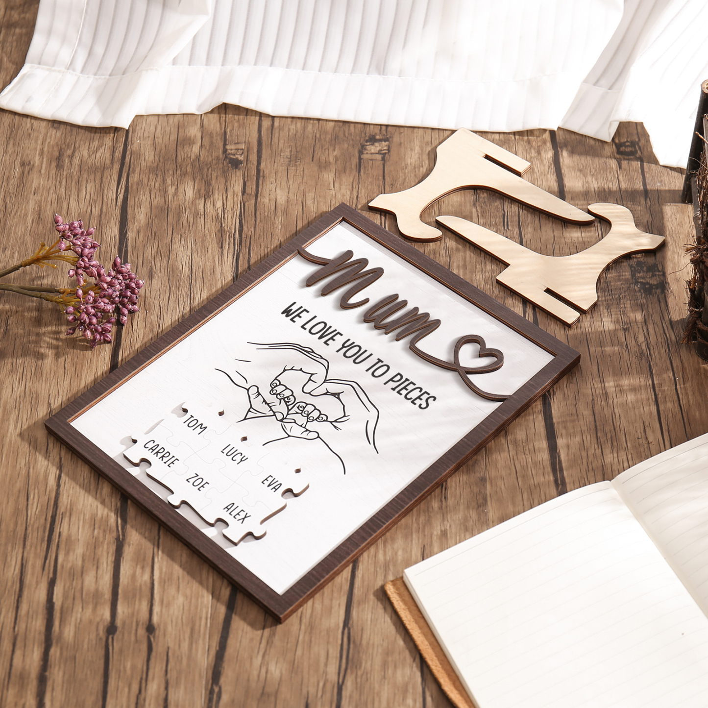 Personalised Puzzle Pieces Wooden Plaque Custom 6 Names & Text & Salutation Holding Hands Family Wooden Sign With Stand Gifts for Mum-Jessemade AU