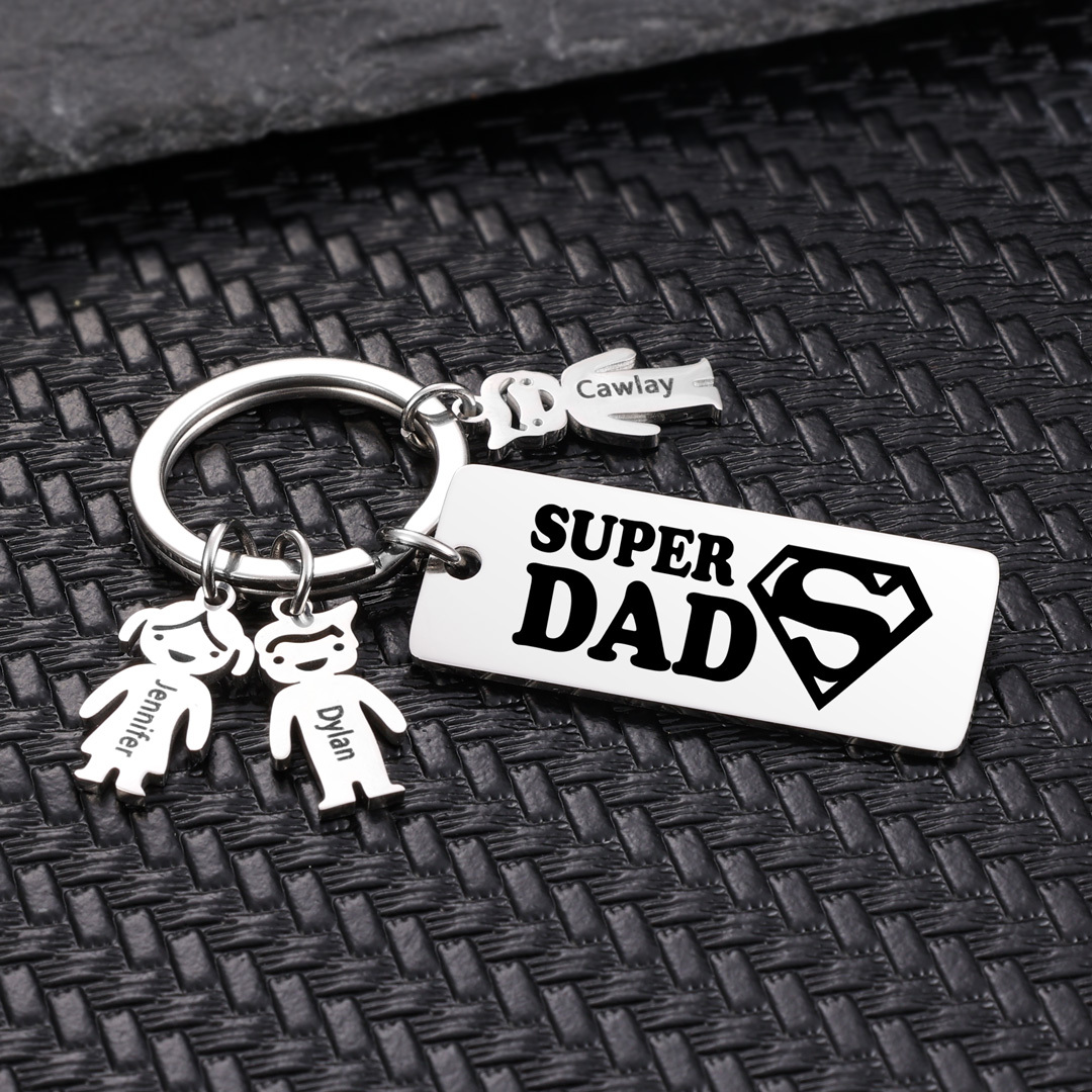 Father's Day Gift Personalised Super Dad Keychain Engraved 3 Kid Charms-Jessemade AU