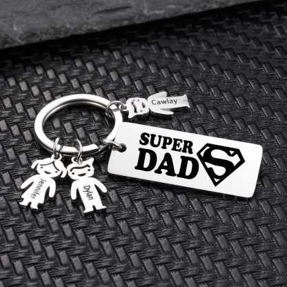 Father's Day Gift Personalised Super Dad Keychain Engraved 3 Kid Charms-Jessemade AU