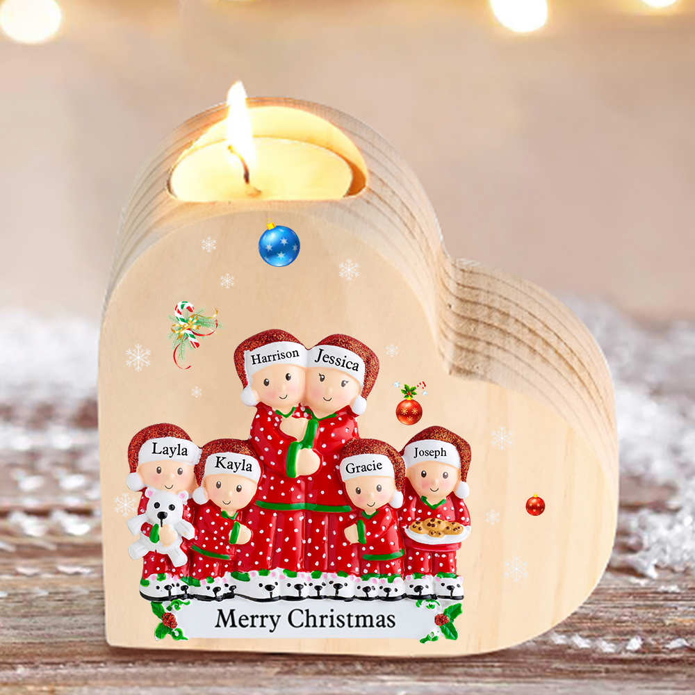 Christmas Family Candle Holder Wooden Custom 6 Names Heart Candlesticks Gifts For Family-Jessemade AU