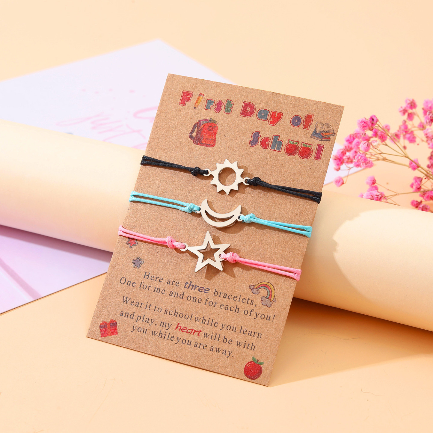 3 Pcs Sun Moon Star Creative Bracelet First Day of School Parent-child Bracelet with Cartoon Gift Card-Jessemade AU