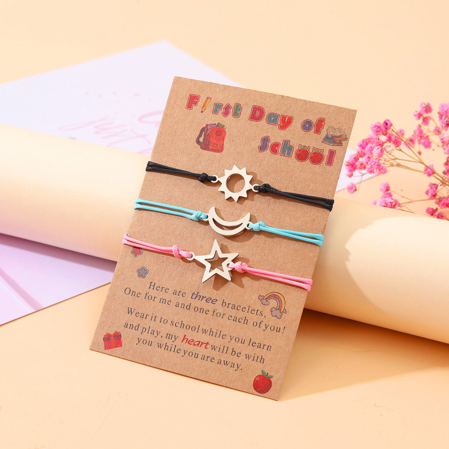 3 Pcs Sun Moon Star Creative Bracelet First Day of School Parent-child Bracelet with Cartoon Gift Card-Jessemade AU