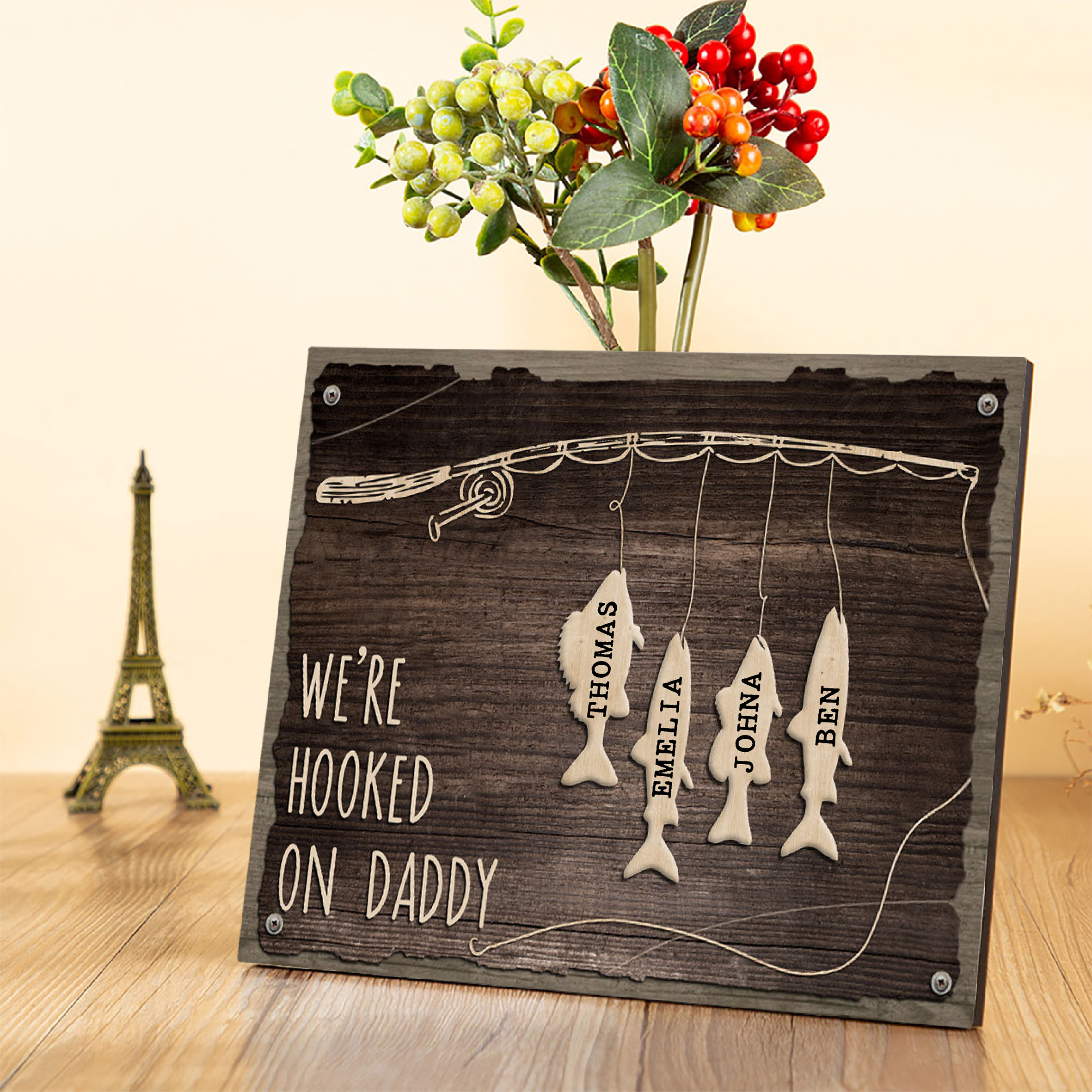 Father's Day Gifts Wood Signs Engrave 4 Names Frame Keepsake -We've Hooked On Daddy-Jessemade AU