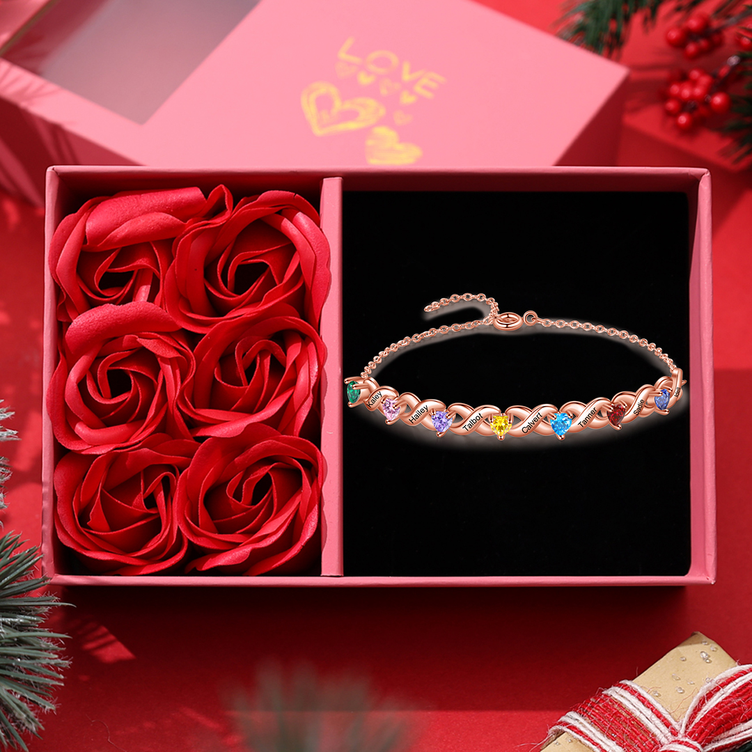 Family Custom Bracelet Heart Personalised with 7 Birthstones Gift Box Set-Jessemade AU