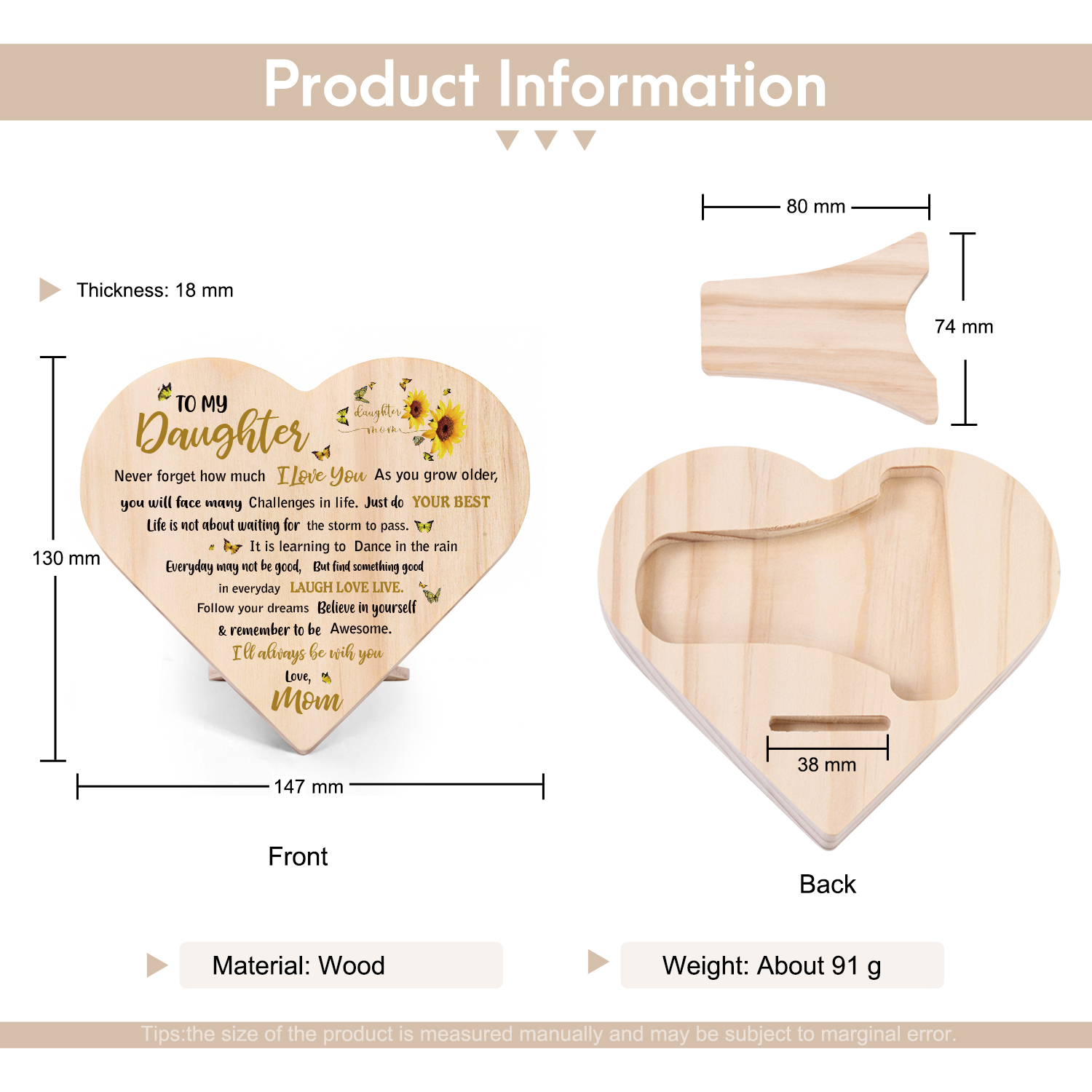 To My Daughter Wooden Heart Keepsake Desktop Ornament-Believe in yourself & remember to be Awesome-Jessemade AU