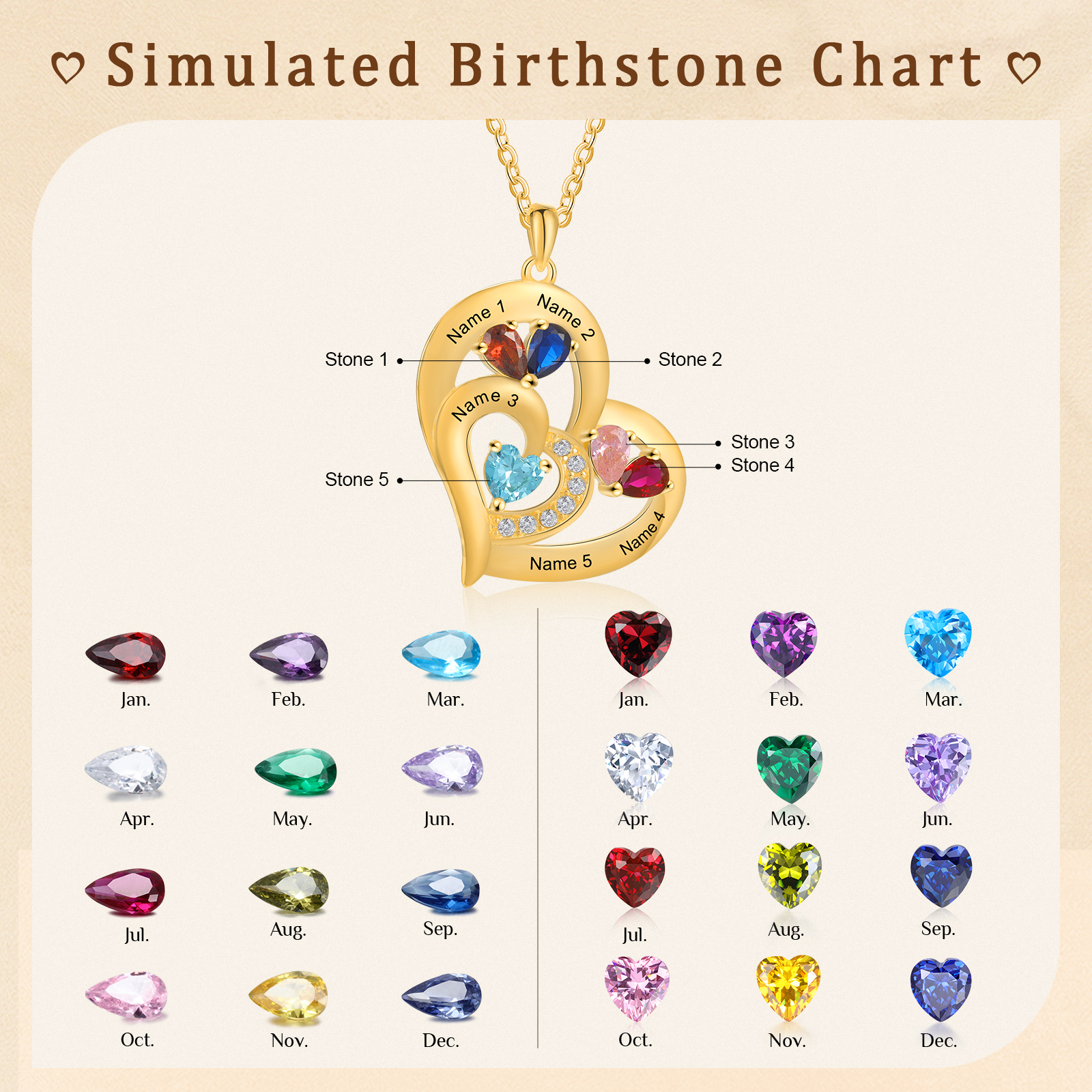 5 Names - Personalised Heart Pendant Necklace Customised Names & Birthstones Necklace Birthday Gift for Her-Jessemade AU