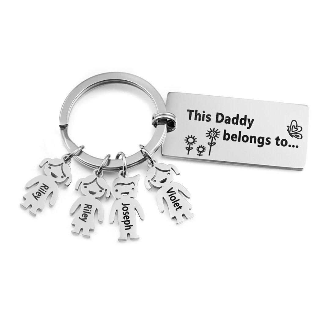 Personalised Keychain with Kid Charm Engraved 4 Names Family Keychain for Him