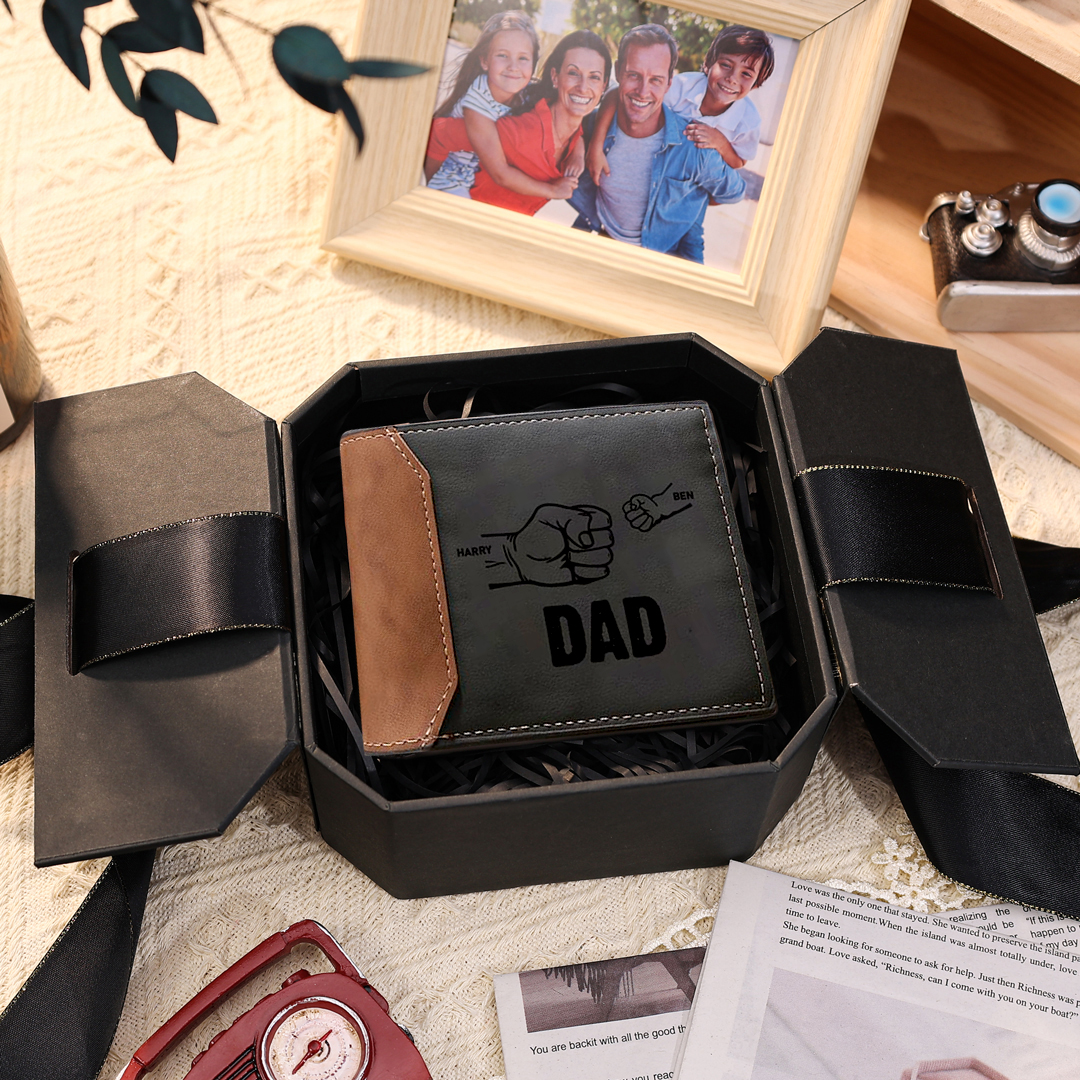 Custom 2 Names & 1 Photo Leather Wallet Personalised Fist Bump Folding Wallet Father's Day Gifts for Dad-Jessemade AU