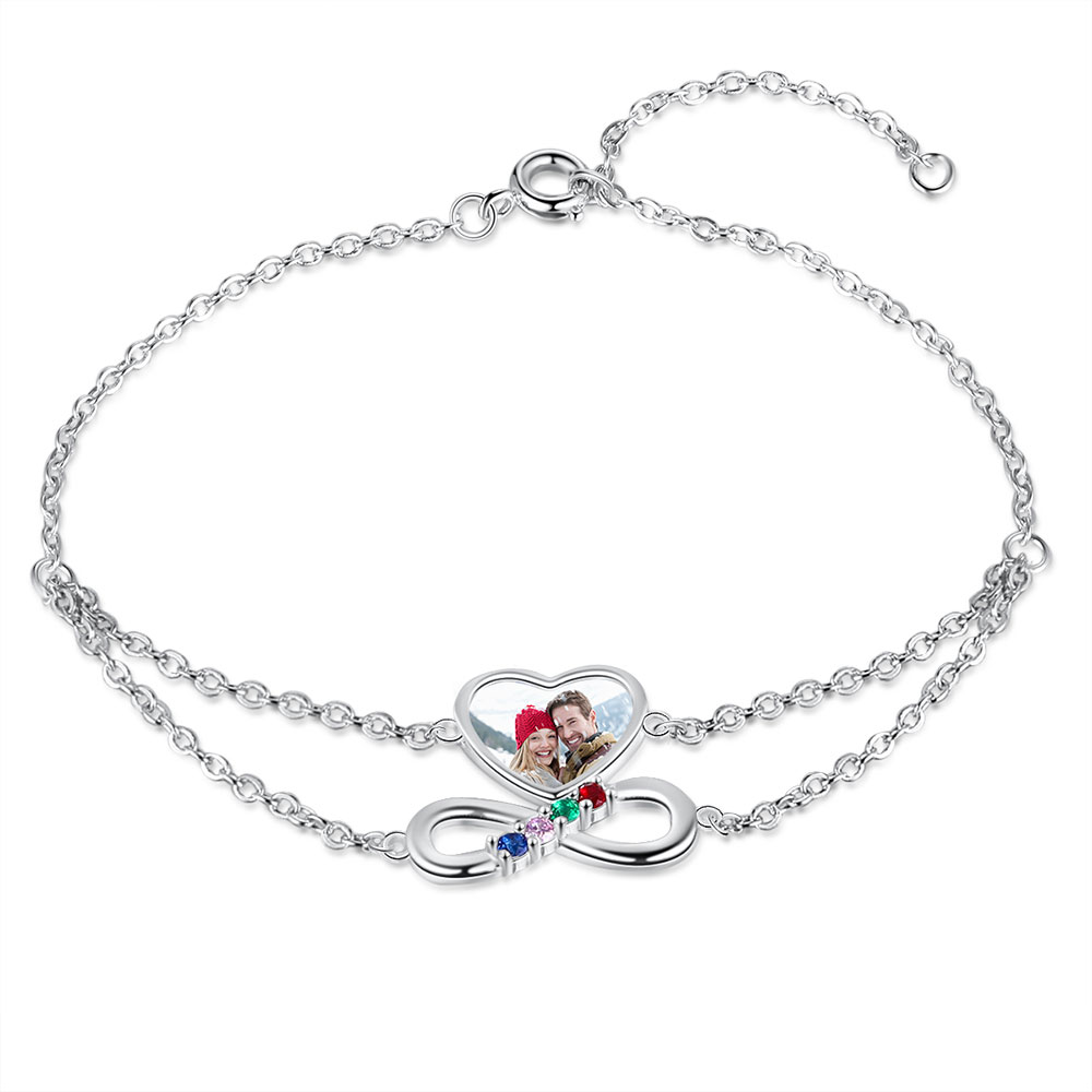 Personalised Heart Photo Bracelet With 4 Birthstones Custom Photo Bracelet Gifts For Her-Jessemade AU