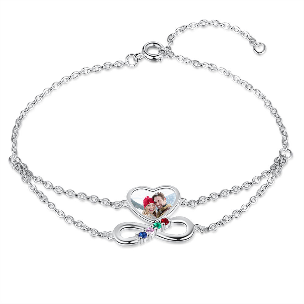 Personalised Heart Photo Bracelet With 4 Birthstones Custom Photo Bracelet Gifts For Her-Jessemade AU