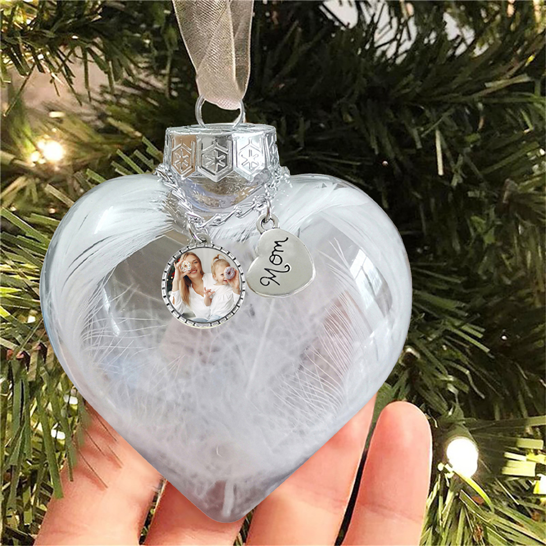 Personalised Christmas Heart Feather Ball Custom Photo Memorial Ornament-Jessemade AU