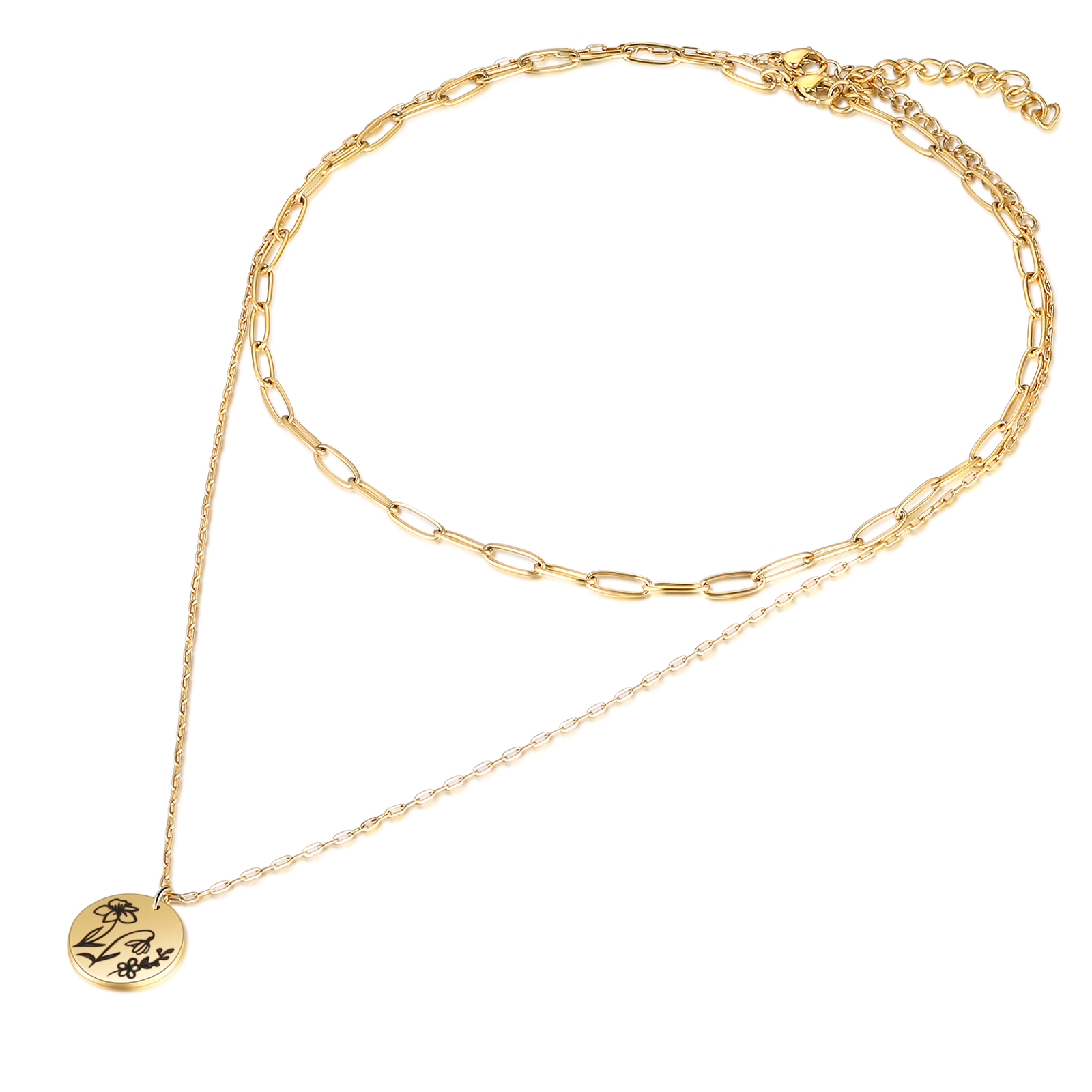 Personalised Double Necklace With 2 Birthflowers Engraved Name Gift For Her-Jessemade AU