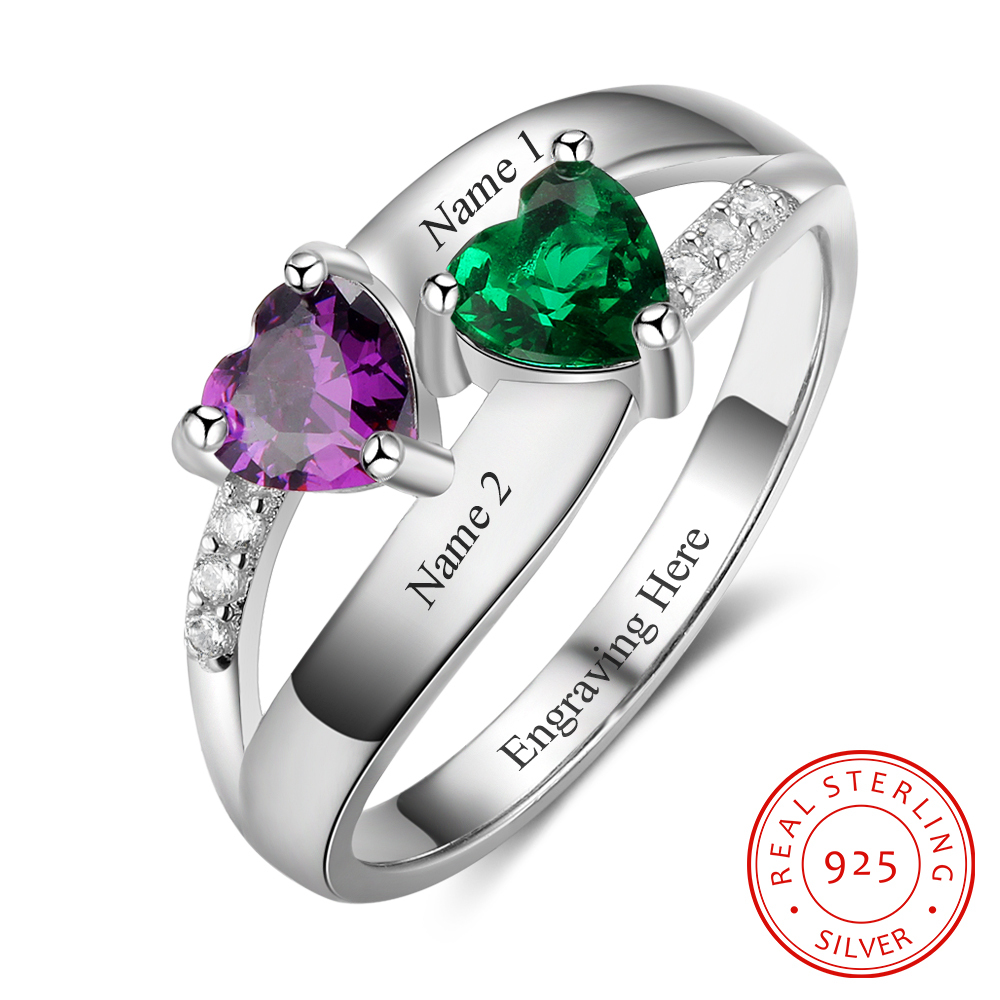 Personalised Ring With 2 Birthstones Engraved Names Ring Gift For Women-Jessemade AU