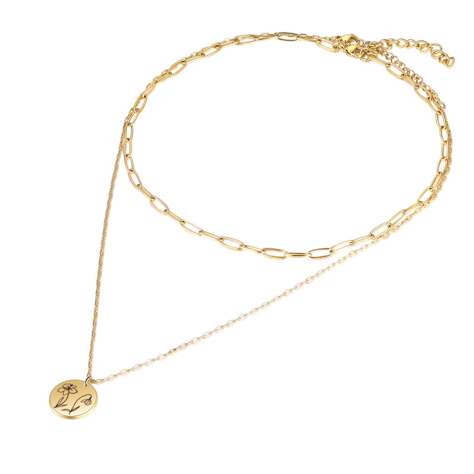 Personalised Double Necklace With 2 Birthflowers Engraved Name Gift For Her-Jessemade AU