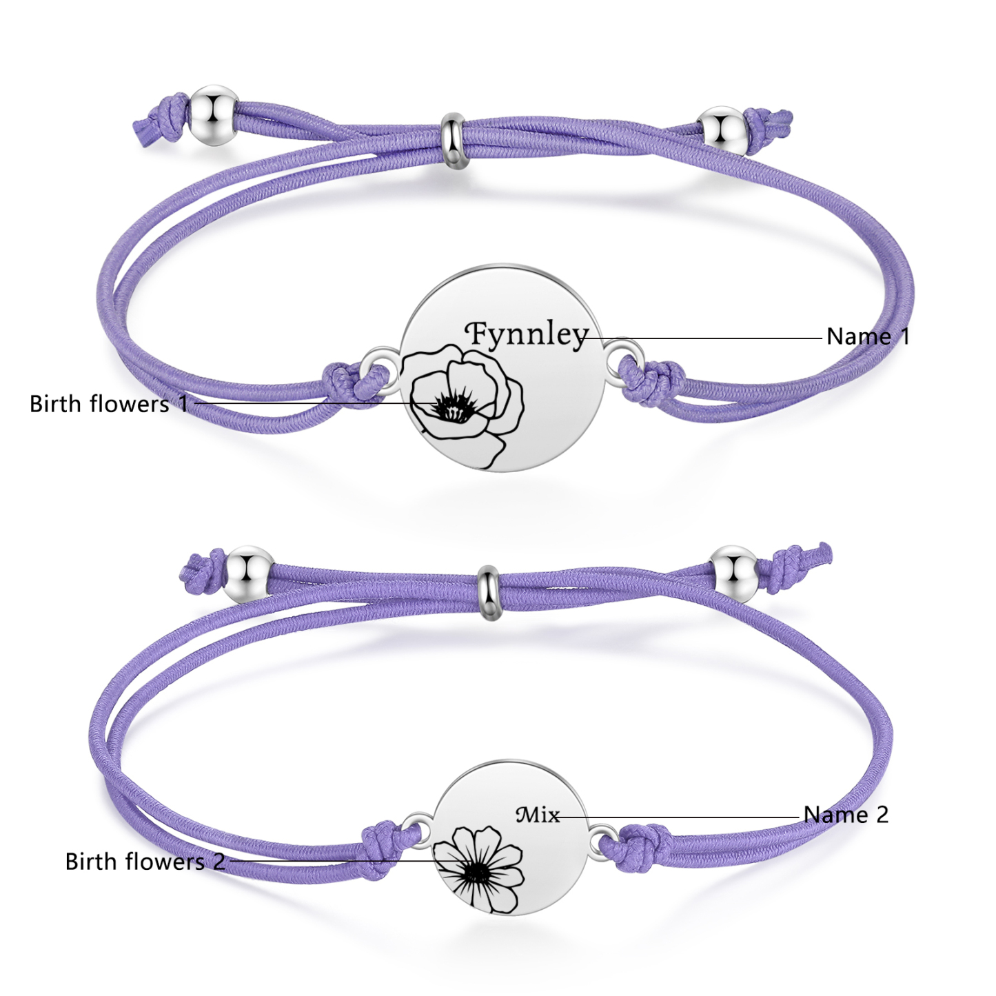 2 Pcs Bracelet Set Personalised Names & Birth Flowers Adjustable Bracelets with Message Card Back to School Gifts for Daughters-Jessemade AU
