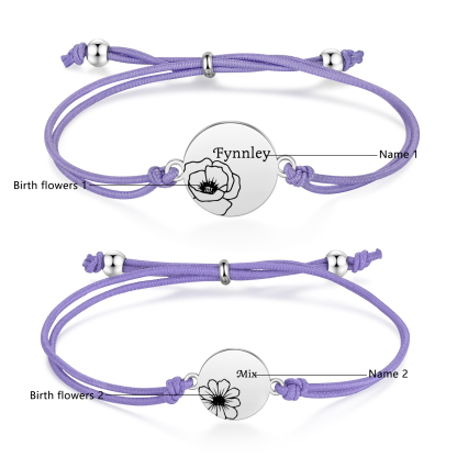 2 Pcs Bracelet Set Personalised Names & Birth Flowers Adjustable Bracelets with Message Card Back to School Gifts for Daughters-Jessemade AU