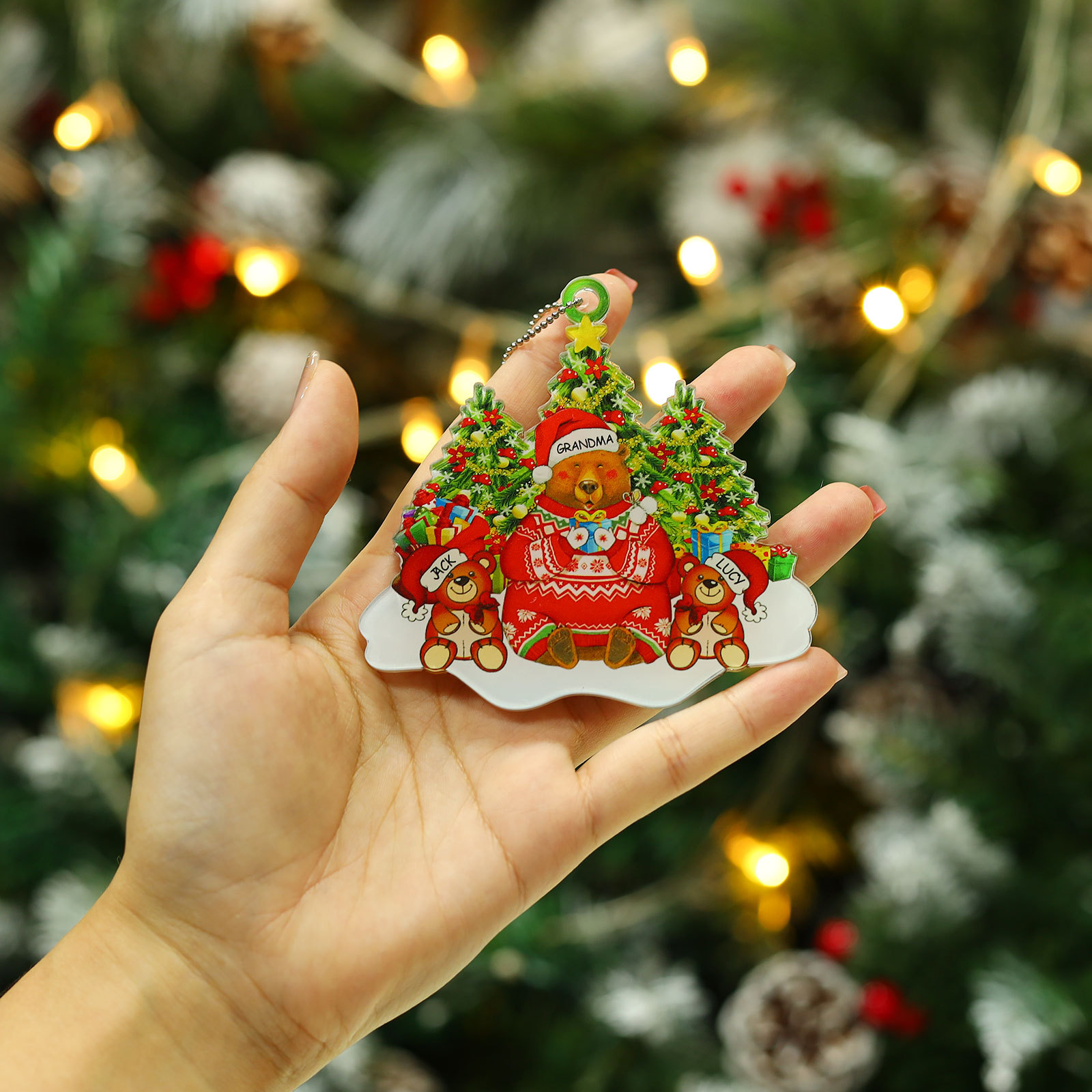 3 Names - Personalised Acrylic Christmas Bear Ornaments Customised Text & Name Xmas Pendant Gifts for Family-Jessemade AU