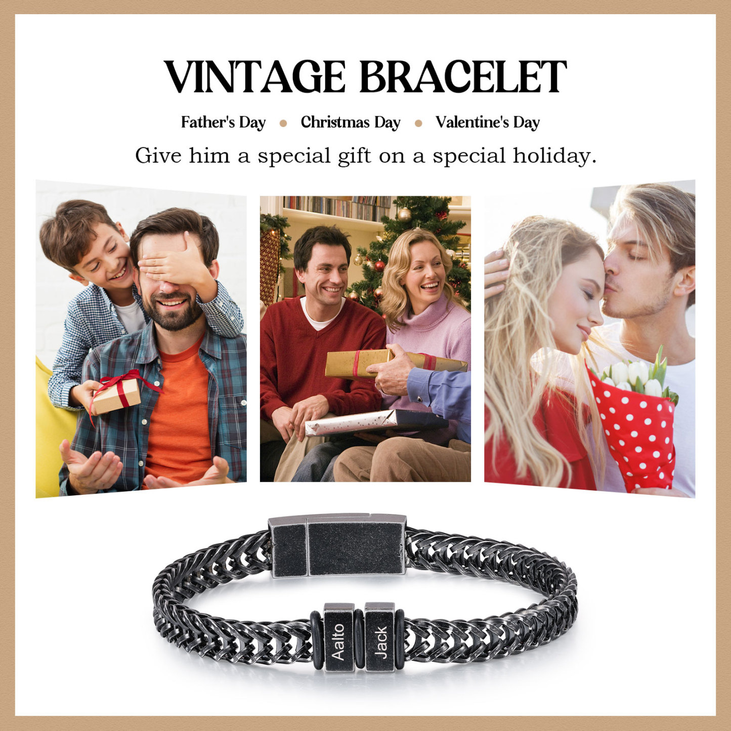 2 Names - Men's Vintage Bracelet Customised Name Stainless Steel Bracelet Personalised Gift for Him-Jessemade AU