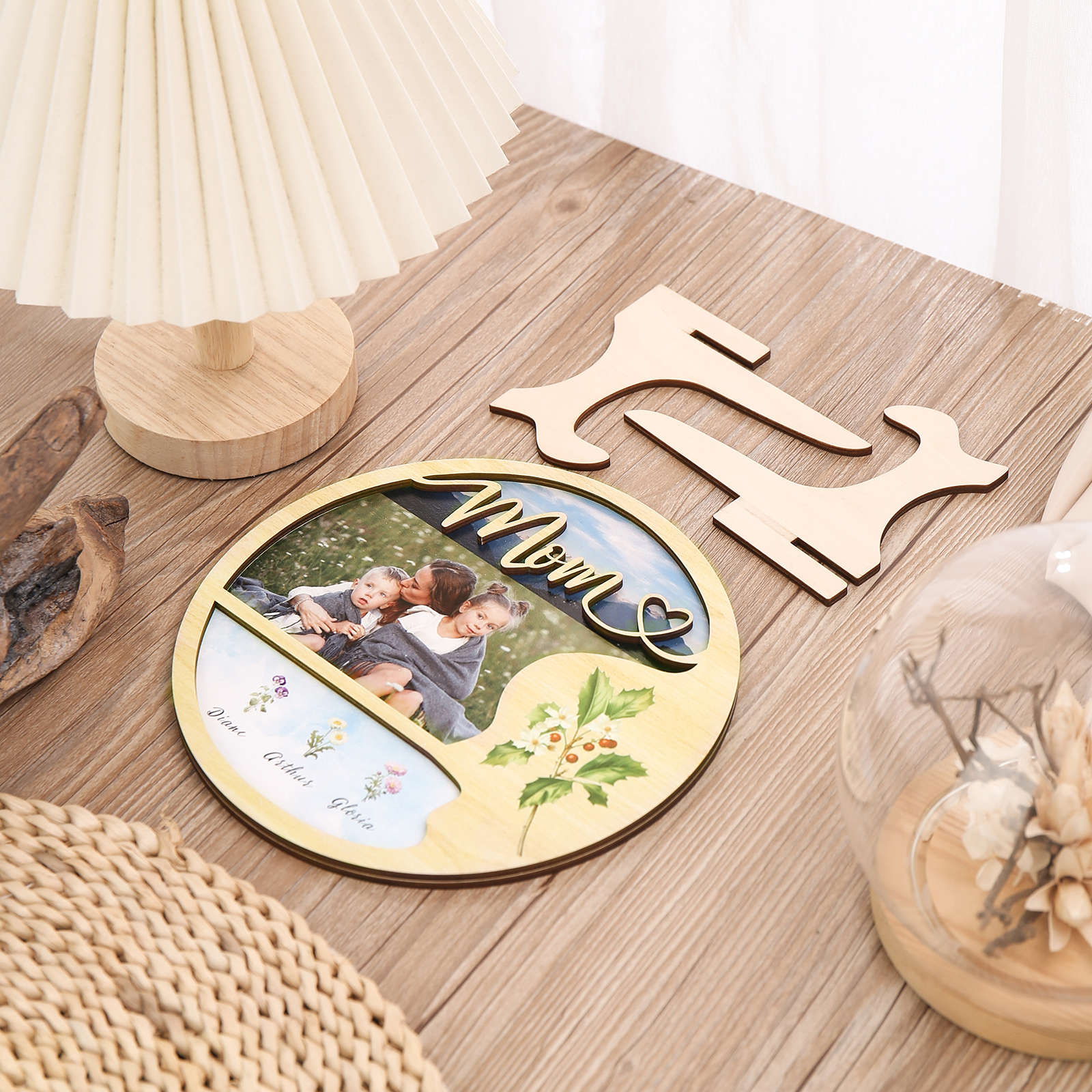 Personalised Photo & Text Wooden Plaque Custom 4 Birth Flowers & 3 Names Wooden Sign With Stand Gifts for Mum/Nana-Jessemade AU