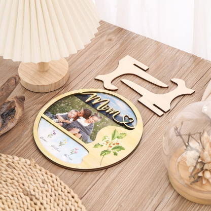 Personalised Photo & Text Wooden Plaque Custom 4 Birth Flowers & 3 Names Wooden Sign With Stand Gifts for Mum/Nana-Jessemade AU