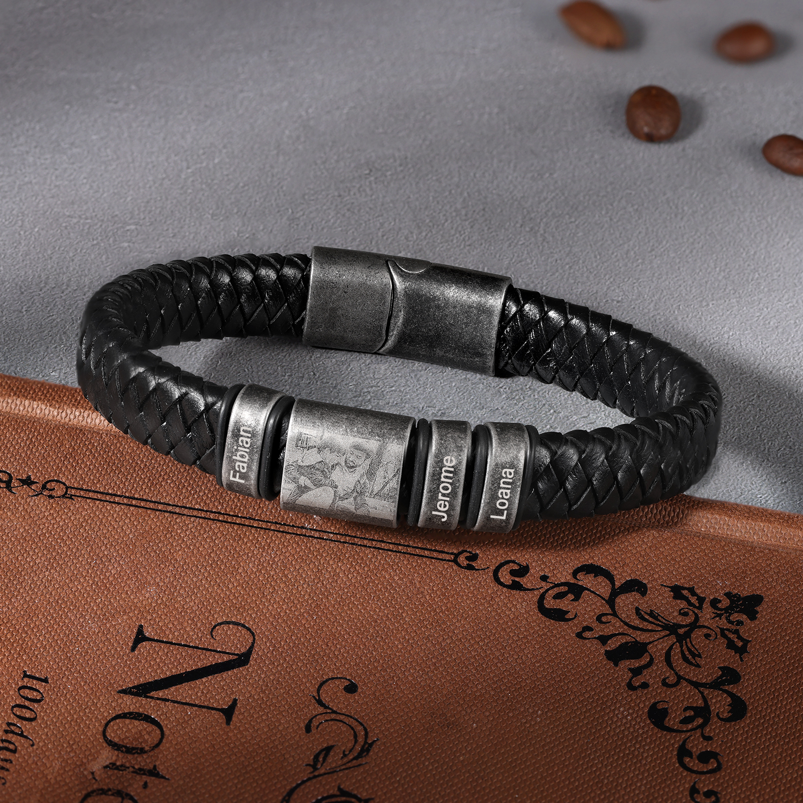 3 Names - Personalised Men's Leather Braided Bracelet Customised Name & Photo Bracelet Vintage Gift for Him-Jessemade AU