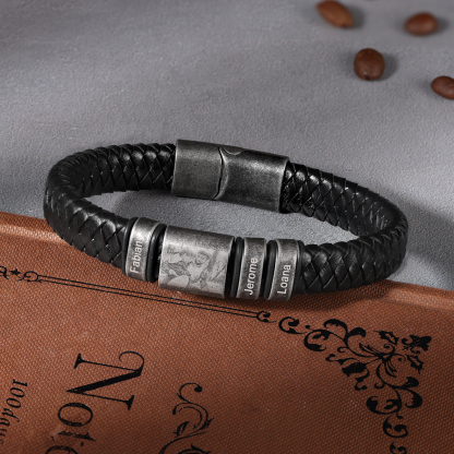 3 Names - Personalised Men's Leather Braided Bracelet Customised Name & Photo Bracelet Vintage Gift for Him-Jessemade AU
